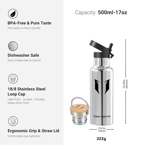 Super Sparrow Stainless Steel Water Bottle Kids - 500ml - Insulated Metal - color: Stainless steel, size: 16.9 Ounces