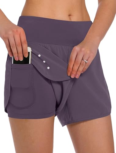 Ksmien Women's 2 in 1 Running Shorts with Liner Phone Pockets - color: Grey Purple, size: X-Small