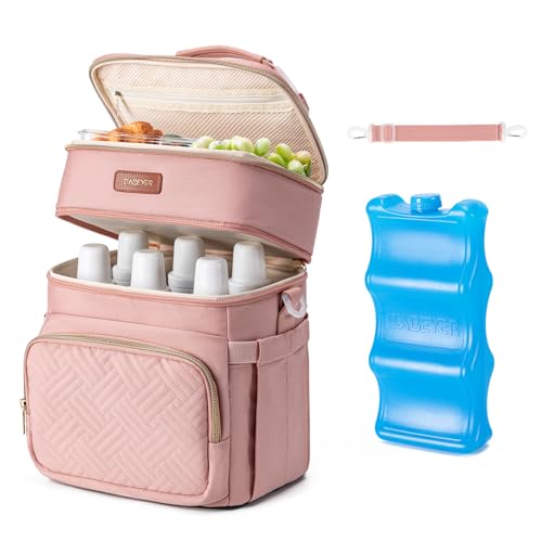 Breastmilk Cooler Bag with Ice Pack Fits 6 Baby Bottles Up to 9 Ounce, Double Deck Leak-Proof Baby Bottles Bag with Shoulder Strap for Nursing & Working Mom, - color: Pink with pocket
