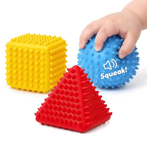 Baby Sensory Balls 6-12 Months, 3PCS Soft Spiky Teething Toys - color: Primary Geometric Soft-spike Balls