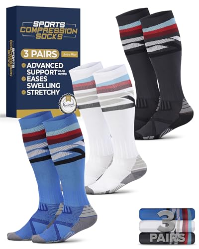 Pembrook 3 Pairs Compression Socks 20-30 mmHg - Compression Socks for Women and Men | Running, Athletic, Travel, Nurses - color: Line Pattern (Black/White/Blue) - 3 Pairs, size: X-Large