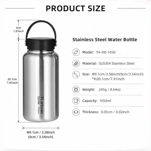 Stainless Steel Water Bottle 1050ml Wide Mouth with Loop Cap - color: With Loop Cap