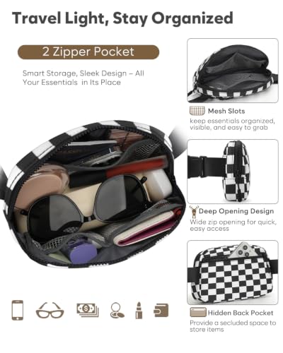 Pritent Fanny Packs for Women Crossbody Belt Bag With Zipper Back Pocket - color: Checkered Black, size: Small