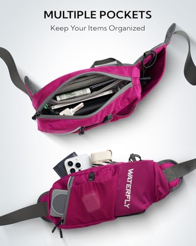 WATERFLY Water Bottle Fanny Pack, Hiking Hydration Belt for Women Men - color: Rose Red