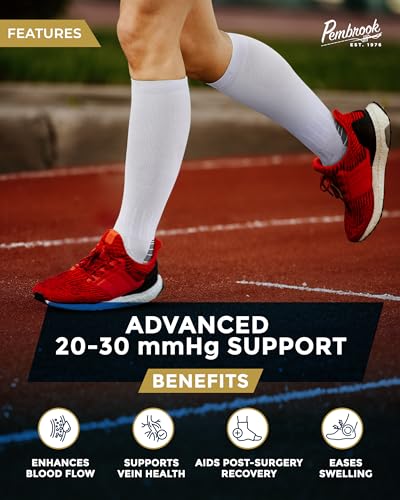 Pembrook 3 Pairs Compression Socks 20-30 mmHg - Compression Socks for Women and Men | Running, Athletic, Travel, Nurses - color: White - 3 Pairs, size: X-Large