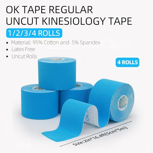 OK TAPE Kinesiology Tape (4 Pack) Latex Free Cotton Uncut 2in x 16.4ft - color: Blue, size: 4 Rolls