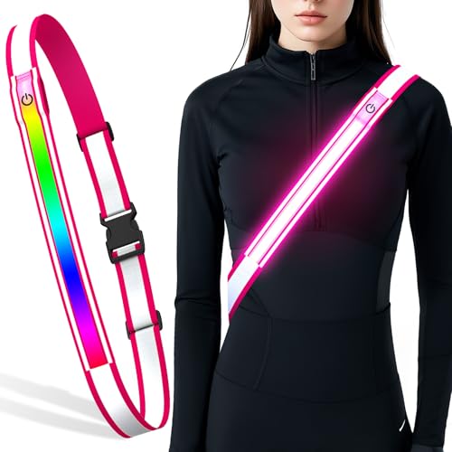 LED Reflective Belt Sash, High Visibility 5 Color 3 Light Mode Rechargeable LED Waistband Reflective Running Gear, Light Up Waist Belt Safety Gear for Running Walking Cycling at Night - color: Pink