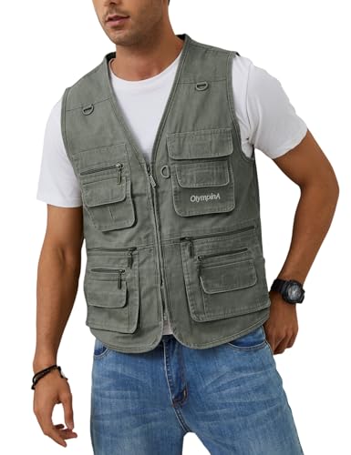 Gihuo Men's Fishing Vest Utility Safari Cargo Fly Vest with Multi Pockets - color: Army Green, size: Small