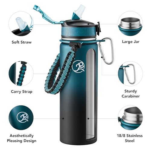 GOSWAG 24oz Insulated Stainless Steel Travel Water Bottle, 2 Lids - color: Navy Blue-Black Ombré