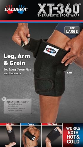 Caldera Knee Ice Pack Wrap Made in USA Large - Reusable Hot & Cold Therapy Gel After Surgery Injury Adjustable Compression Strap Breathable Sleeve Ice Pack for Knee Pain Relief Leg Arm Groin - size: Large