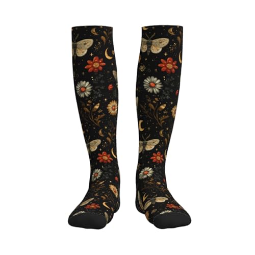 Cute Compression Socks Knee High Support Stockings Women Men - color: Moon Moth Flower