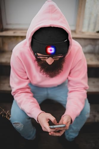 ATNKE LED Lighted Beanie Hat,USB Rechargeable 4 LED Red and Blue Flashing Running Headlamp Cap Gifts for Men and Women - color: #Black