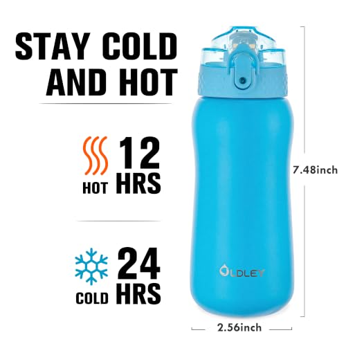 Oldley Insulated Water Bottle 12oz Kids Water Bottles with Straw, 2 Lids,Double Wall Vacuum Bottle, Blue - color: Blue, size: 12 Ounces