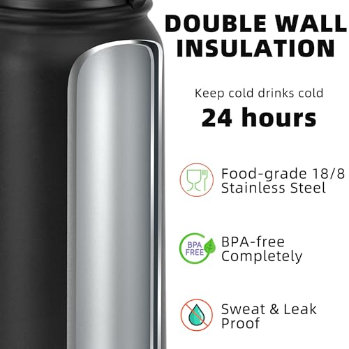 Fanhaw 24oz Stainless Steel Water Bottle with Chug Lid, Black - color: Black, style: 24 Ounces
