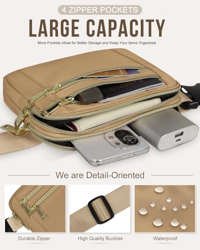 Capolo Fanny Packs for Women 4 Zip Pocket Crossbody Belt Bag Waist Bags - color: Khaki, size: Large