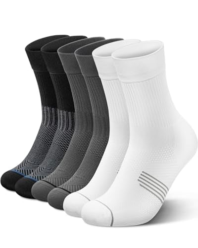 3 Pairs Running Compression Socks for Men & Women Crew Socks with Cushion - color: Black+white+grey(3 Pairs ), size: Large