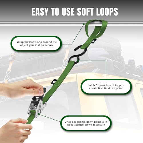Jack Boss Ratchet Tie Down Straps Set,1500 lbs Break Strength, 1" x 15' Heavy Duty Ratchet Straps with 4X Soft Loops Padded Handles Coated S Hook, Fits for Moving Appliances Motorcycle ATV Truck,Green - color: Green-4pcs