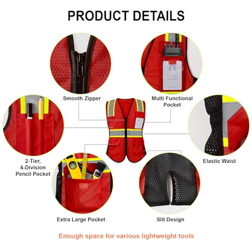 Safety Vest for Women 9 pockets Womens Safety Vest, Red XS - color: Red, size: X-Small
