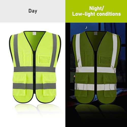 High Visibility Safety Vest with Pockets and Zipper, 1 Pack 5 Pack - color: Yellow-mesh, size: Large
