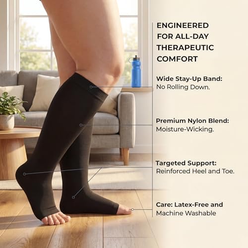 MGANG Plus Size Medical Compression Stockings for Women & Men, Open Toe - color: Knee High Open Toe Black, size: 6X-Large