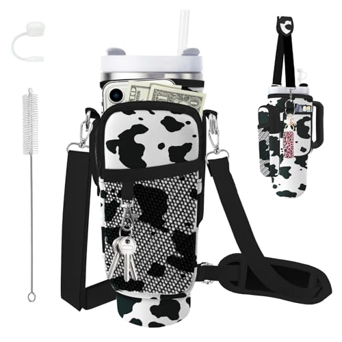 Water Bottle Carrier Bag for Stanley Cup 40oz/30oz with Phone Pocket, Neoprene Water Bottle Holder with Adjustable Shoulder & Handle Strap, Stanley Cup Accessories for Walking Travel Gym - color: Cow Print