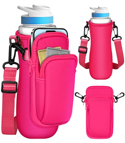 Water Bottle Sleeve with Pouch for Cirkul 22 oz - Crossbody Shoulder Strap Detachable Phone Purse with Bottles Cover Holder Carrier Bag - color: Hot Pink for 22oz
