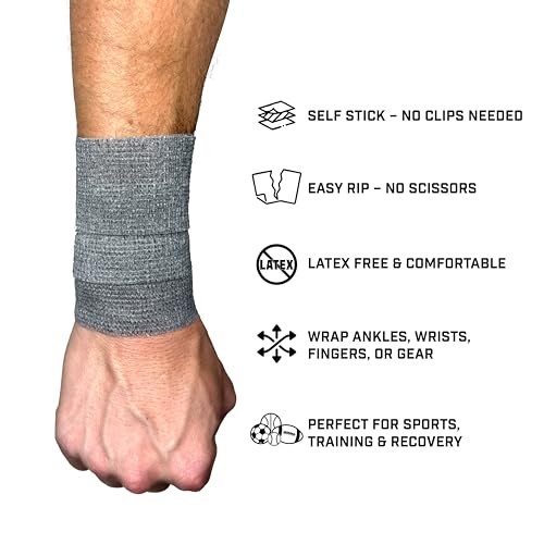 Self Stick Athletic Tape – 2” x 6.5 Yards – Latex-Free, Easy Rip Sports Wrap for Football, Baseball, Soccer, Wrist, Ankle, Finger & Injury Support (Grey) - color: Grey