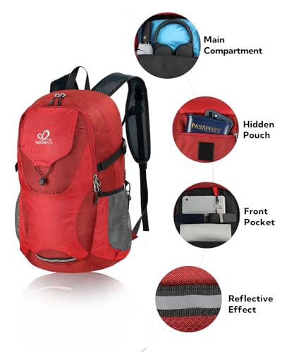 WATERFLY Lightweight Packable Hiking Backpack, 30L Day Pack Red - color: Red