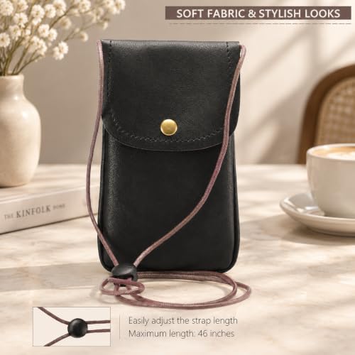 Cell Phone Neck Pouch PU Leather Bag with Credit Card Holder Adjustable Strap, Small Travel Purse Lightweight Mini Wallet Carrying Bag Fits iPhone 16+, Galaxy S25+, Pixel 9 Pro (Black) - color: 01 Black