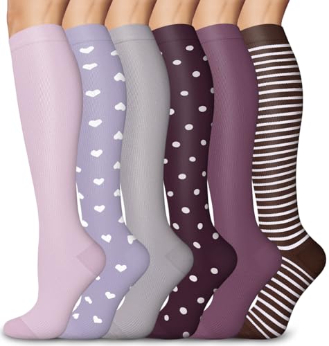 Aoliks 6 Pairs Compression Socks for Women & Nurses, Flying Knee High Socks - color: 020 A1-purple/Gray/Brown, size: Small-Medium