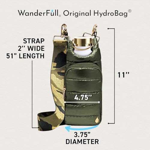 WanderFull Original HydroBag Crossbody Water Bottle Holder with Phone Pocket, Fits Water Bottles up to 32 oz - color: Army Green Shiny - Patterned Strap