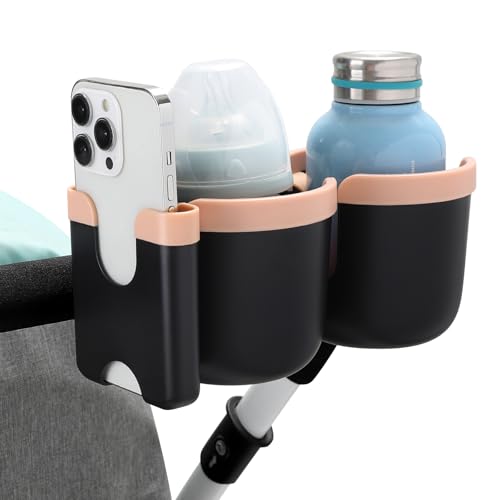 Accmor Stroller Cup Holder with Phone Holder, Bike Cup Holder, Walker Scooter Wheelchair Cup Holder Attachment, Universal Cup Holder for Uppababy Graco Strollers - color: Double Holder-Pink