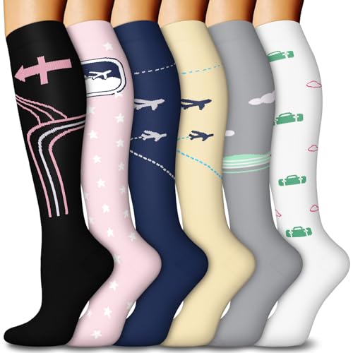 6 Pairs Compression Socks for Women & Men 15-20mmHg Knee High Socks - color: 09 - Black/Navy Blue/Pink/Gray/White/Beige, size: Large-X-Large