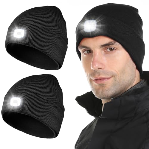 Tutuko 2 Pack Beanie with Light, Winter Knit Hat, Gifts for Men Women Dad - color: Black+black