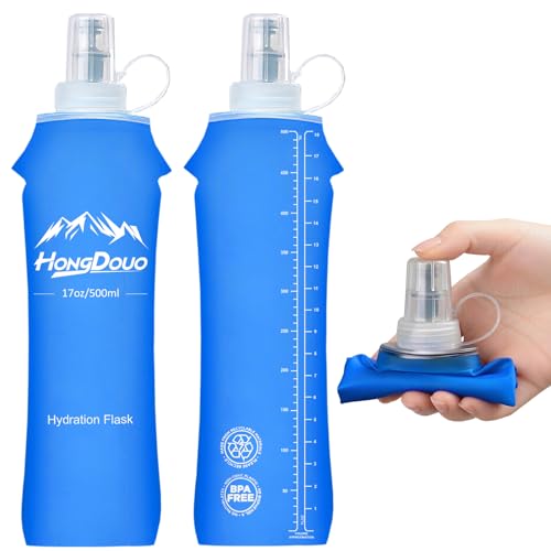Flexible Running Bottles - Two Pack: 500ml/17oz, Foldable, BPA/PVC Free Soft Flask for Hydration Vests and Running Packs,Collapsible Leak-proof Pocket Bottle for Jogging, Hiking, Cycling, Climbing - color: Blue