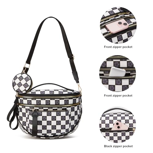 Makes Checkered Crossbody Bag Bum Bag for Women with Pouch - color: Black Checkered