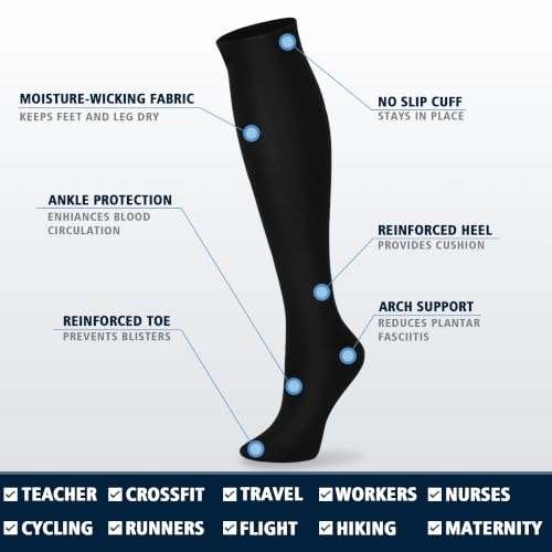 8 Pairs Wide Calf Compression Socks for Women Men 15-20 mmHg Knee High - color: Black, size: Small-Medium