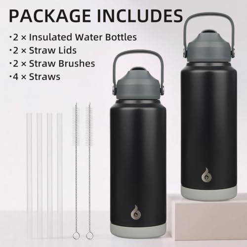 BJPKPK 2 Pack 32oz Insulated Water Bottles with Straw Lids, Stainless Steel - color: 2 X Black, size: 32 Ounces