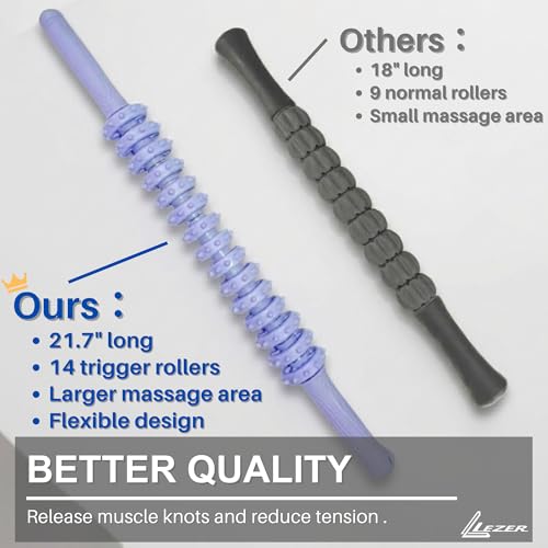 LEZER Flexible Massage Stick 21.7" Muscle Roller, 14 Roller Trigger Point, Deep Tissue Myofascial Release & Muscle Recovery, Bendable Body Massager for Neck, Back & Legs
