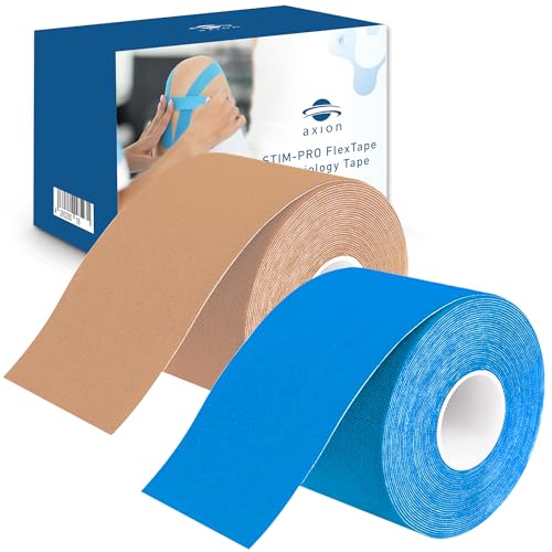 Kinesiology Tape Uncut | 2 Rolls of Athletic Sports Tape in Blue and Beige | 16ft Length and 2'' Width per Roll | Waterproof • Skin-Friendly • Elastic | Ideal for Sports | axion - color: Blue Beige