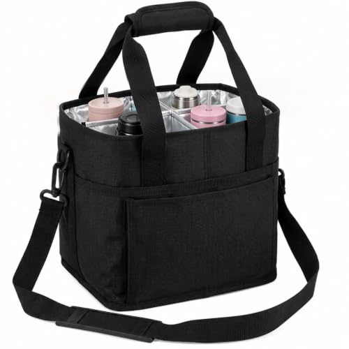 Drink Carrier Bag, 4 Compartment, Insulated Drink Carrier – Water Bottle Holder with Strap, Padded Handle Grip, Family Picnic Cooler Bag for Travel, Commute (Black) - color: Black