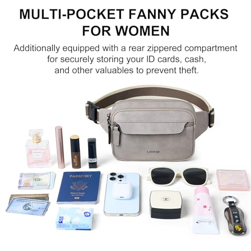 LATMAP 3L Fanny Packs for Women Cross Body Bag Leather Belt Bag Greyish - color: Light Grey