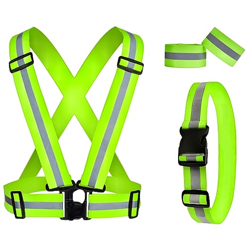 Reflective Running Gear Reflective Vest & Reflective Armband & Reflective Belt 3 Pcs Set, High Visibility Reflective Gear Night Cycling Walking Safety Vest Straps for Men Women Kids - color: Green