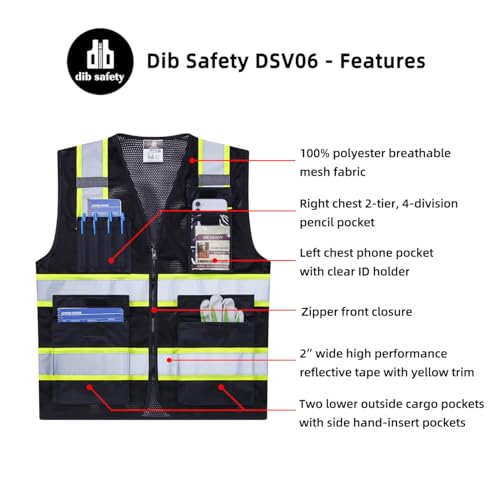 Dib Safety Reflective Safety Vest for Men Women with Pockets Black Mesh M - color: Black Mesh, size: Medium