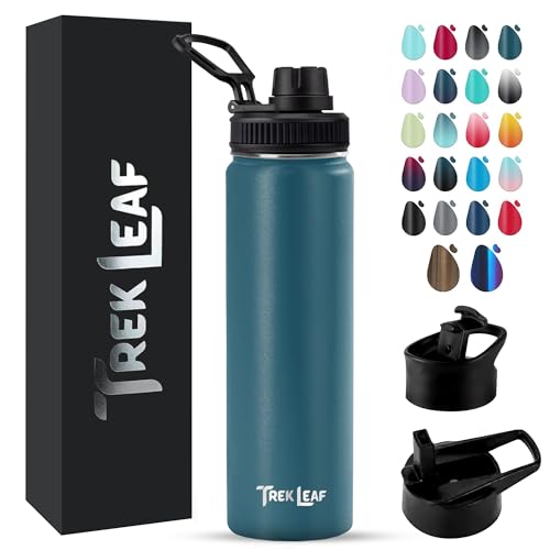 Travel Water Bottle with 3 Lids (Spout, Straw, Flip) Leak Proof, Quality, Vacuum Insulated, Stainless Steel (Cascade Teal, 22 oz) - color: Cascade Teal, size: 22 Ounces