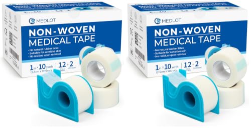 LotFancy Paper Medical Tape, 12 Rolls 1inch x 10Yards, Surgical Tape for Wound Dressing Care, Latex-Free & Hypoallergenic Soft First Aid Tape, 2 Dispensers Included (Pack of 2) - size: 1 Inch x 10 Yard (24 Pack + 2 Dispensers)