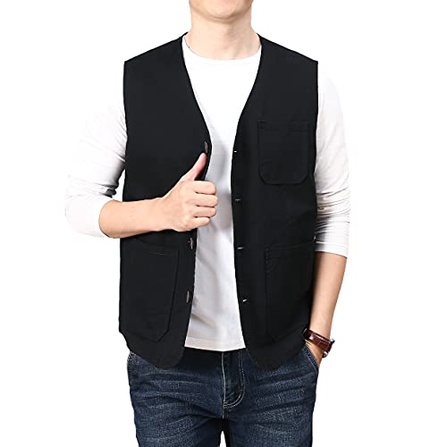 PRIJOUHE Mens Casual Cotton Vest Lightweight Outdoor Fishing Utility Vest - color: 02-black, size: XX-Large