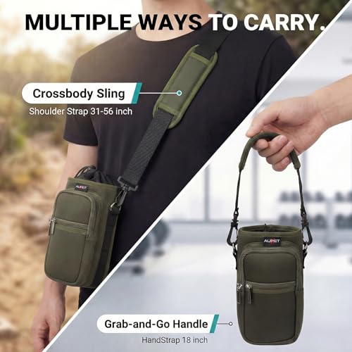 AUPET Water Bottle Sling Bag Sleeve Holder Carrier 25/32/40/64 oz,Insulated Crossbody Water Bottle Case Cover with Strap and Pockets for Men/Women Walking Hiking - color: Dark Olive Green, size: 40oz