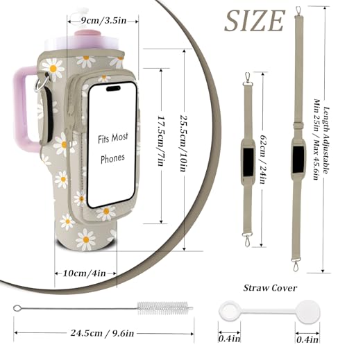 Water Bottle Carrier Bag for Stanley 40/30oz Cup Tumbler with Phone Pocket,Insulated Crossbody Water Bottle Holder with Adjustable Strap,Water Bottle Sling Pouch for Hiking Walking Camping Accessories - color: Khaki Daisy