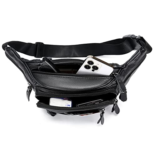 Black Leather Fanny Pack for Men & Women, Fashionable Multi-Pockets Waist Belt Bag for Travel Sports Hiking Cycling Fishing Running - color: 810#black
